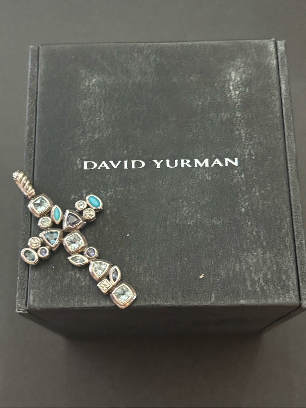 David Yurman Silver Cross Pendant with Blue and Aqua Gemstones